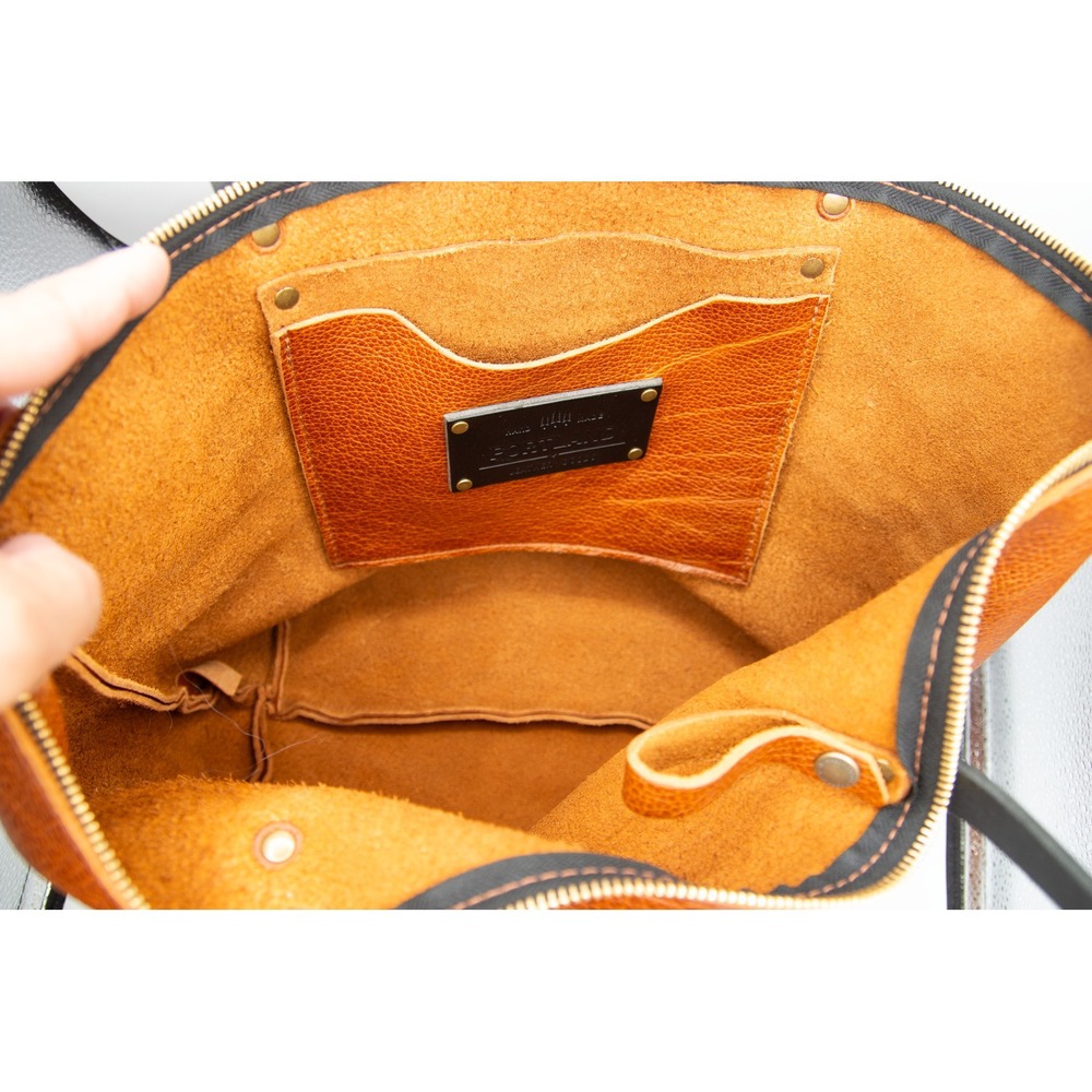 Portland Leather Tote Bag Cognac Brown Pebbled Zipper Top Shoulder Bag Large - Picture 9 of 11